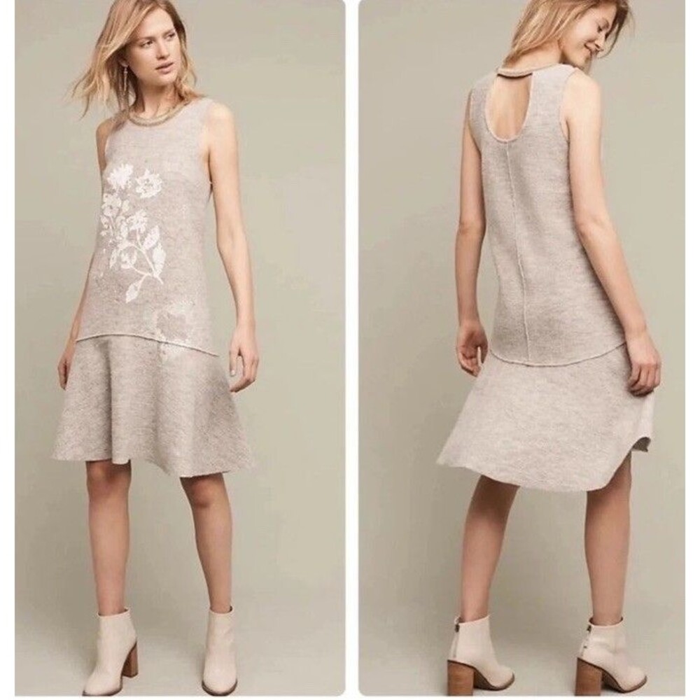 Anthropologie S gray wool felted dress sleeveless Drop Waist Floral Painted
